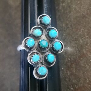 Sterling Silver Cluster Turquoise Ring - Blue Stone Women’s Native American Sz 8